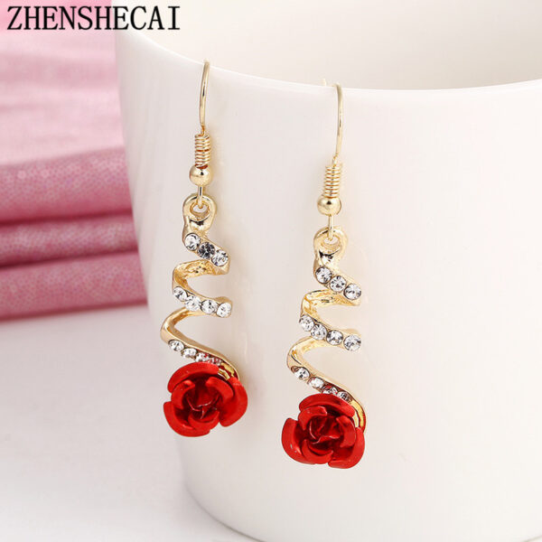 Fashion Jewelry Ethnic Red Rose Drop Earrings Big Rhinestone Earrings Vintage For Women Rose Gold Spiral Dangle Earring - Image 10