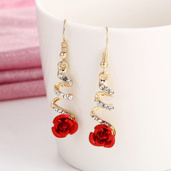 Fashion Jewelry Ethnic Red Rose Drop Earrings Big Rhinestone Earrings Vintage For Women Rose Gold Spiral Dangle Earring - Image 7