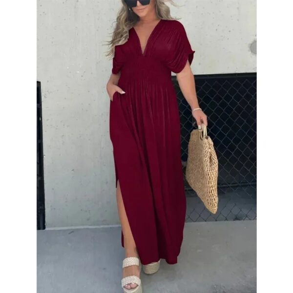 Fashion Bat-sleeved V-neck Slit Dress Summer Short Sleeve Elastic Waist Long Dresses Womens Clothing - Image 3